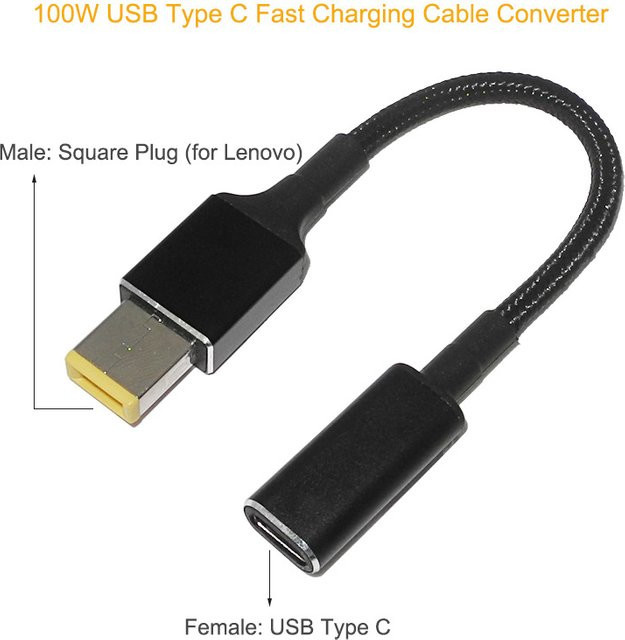 USB Typ C auf Vierkantstecker Konverter für Lenovo Thinkpad, 100 W Schnellladeadapter, Schwarz - Bild 1