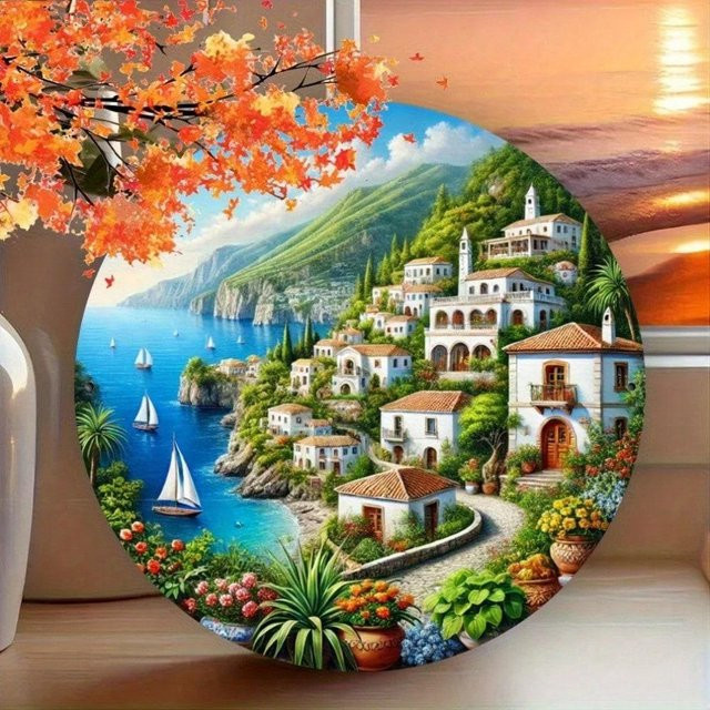 CIFbuy Metall Wandkunst Mediterranes Küstendorf Schild Meereslandschaft Dekoration, Farbe: Multicolour, B/T/H: 20 x 20 x 1 cm - Bild 1
