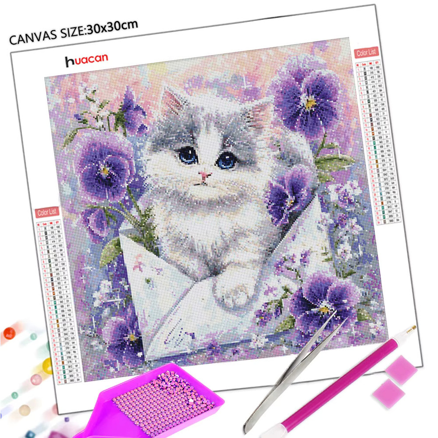 Huacan 5D DIY Diamantmalerei Set mit Katzen- und Blumenmotiv, Multicolor, B/H: 20 x 20 cm - Bild 2