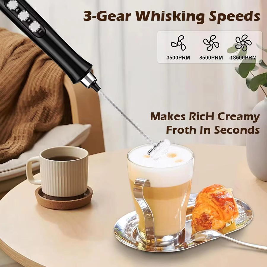 OFENGIQ Kabelloser elektrischer Milchaufschäumer in Schwarz mit 3 Geschwindigkeiten und USB-Aufladung für Latte, Cappuccino und heiße Schokolade - Bild 3