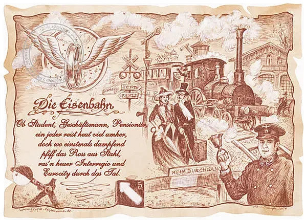 Vintage Zunftbild Eisenbahn als Poster auf Antikpapier, Mehrfarbig, A4 - Bild 1
