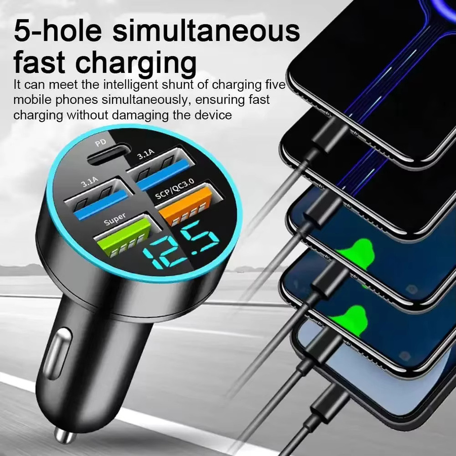 PD-Autoladegerät mit 250 W und QC3.0 Schnellladung, 5-Port USB-C Zigarettenanzünder-Stecker mit Digitalanzeige in Schwarz - Bild 5