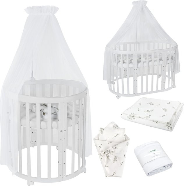 Waldin Babybett OWAL 7in1 Kinderbett aus Buchenholz mit Matratze und Drop-Side - Bild 1