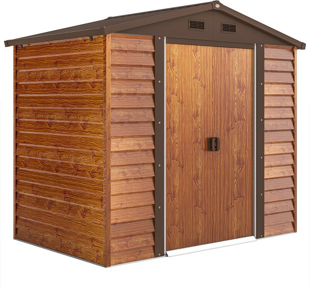 Outsunny Gerätehaus aus Metall in Holzoptik mit Satteldach und Fenster, Braun, B/T/H: 152 x 235,7 x 208,7 cm - Bild 1