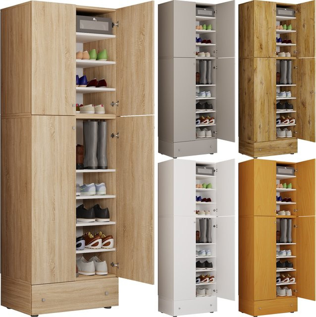VCM Schuhschrank Lona aus Holz in Buche Nachbildung Weiß mit 4 Drehtüren und Schubladen, H x B x T: 200 x 70 x 39 cm - Bild 1
