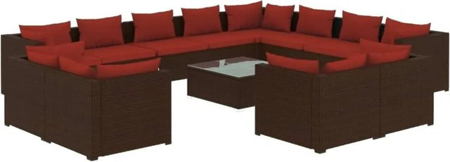 vidaXL 13-tlg. Garten-Lounge-Set in L-Form aus Poly-Rattan mit Kissen, Braun und Rot - Bild 1