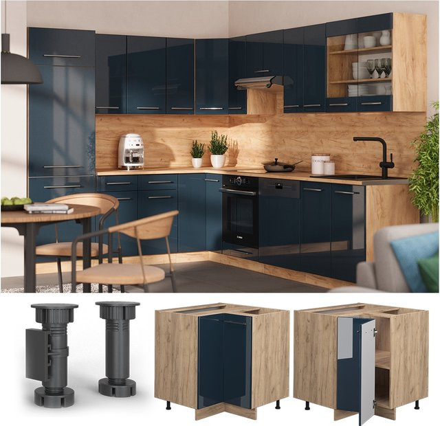 Vicco Eckunterschrank Fame-Line Eiche Dunkelblau Hochglanz ohne Arbeitsplatte Höhe: 87 cm - Bild 1