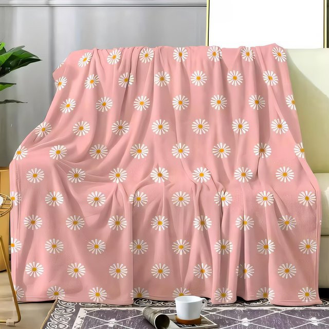 Rosa Blumendecke mit weißen Gänseblümchen und gelben Zentren, weicher Überwurf für Sofa und Stuhl, Pink/Weiß/Gelb - Bild 1