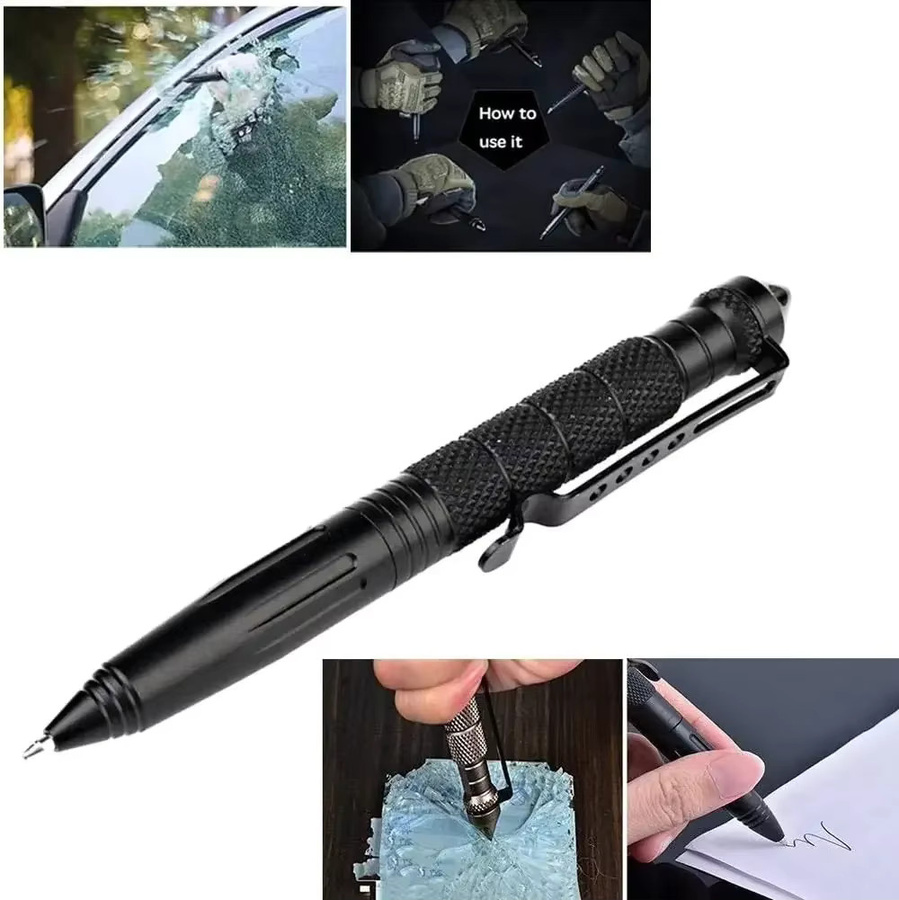 Taktischer Stift aus Wolframstahl mit Glasbrecher für professionelle Selbstverteidigung in Schwarz und Grau inklusive Tinten nachfüllbar - Bild 3