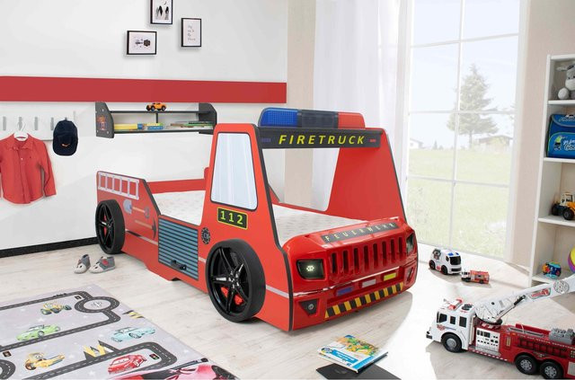 Aileenstore Kinder Autobett Rio Firetruck in Rot mit LED-Licht und Sirenenoptik, B/T/H: 90 x 200 cm - Bild 1