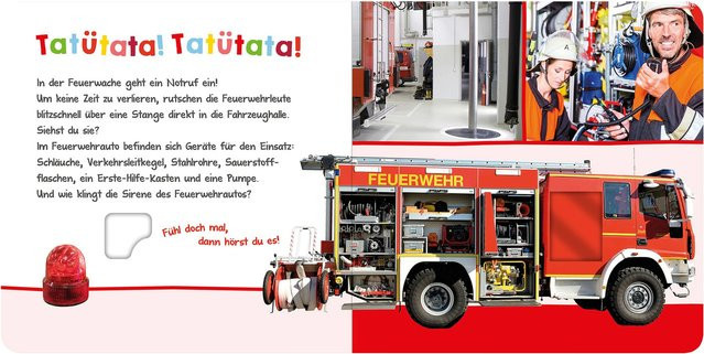 Hör mal rein, wer kann das sein? - Bei der Feuerwehr, Pappbilderbuch - Bild 1