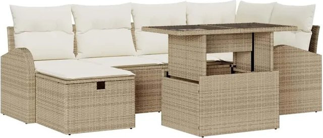vidaXL Garten-Sofa-Set aus Poly Rattan mit Kissen und Speicherfunktion, 7-teilig, Beige - Bild 1