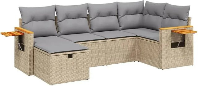 vidaXL 6-teilige Garten-Sofagarnitur in L-Form aus Poly Rattan mit Kissen und Ottoman, Beige/Grau - Bild 1