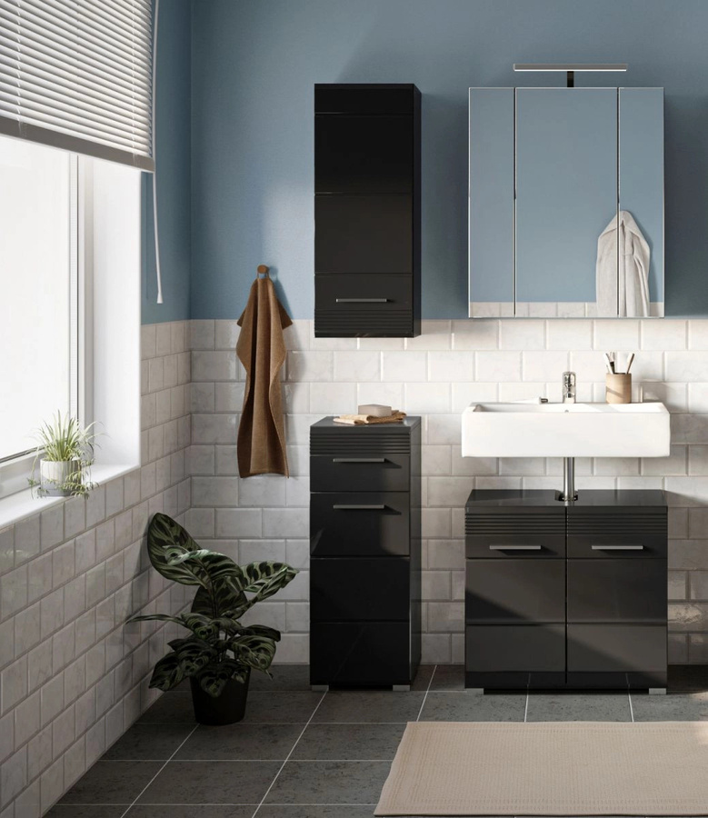 Inn.Furn Badmöbel Set Leon 2-teilig Schwarz Hochglanz mit Waschtischunterschrank und Spiegelschrank B: 60 cm, H: 182 cm, T: 34 cm - Bild 4