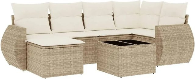 vidaXL 7-tlg. Garten-Sofagarnitur aus Poly-Rattan in Beige mit Kissen und pulverbeschichtetem Stahlgestell - Bild 1