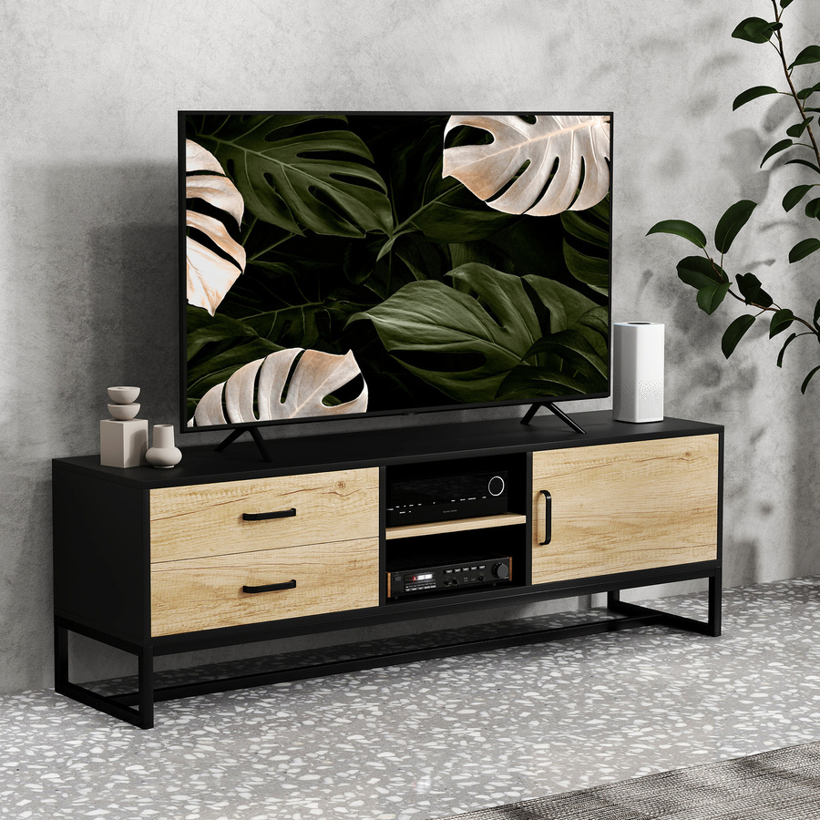 HOMCOM TV-Schrank in Naturholz Braun als TV-Möbel für Fernseher bis zu 60 Zoll mit Schrank, offenen Fächern, 2 Schubladen und verstellbaren Regalen für dein Wohnzimmer oder Schlafzimmer - Bild 2
