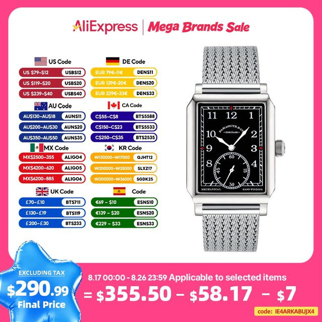 FARASUTE Armbanduhr Edelstahl, Handaufzug, Saphirglas, Schwarz, Herren - Bild 1