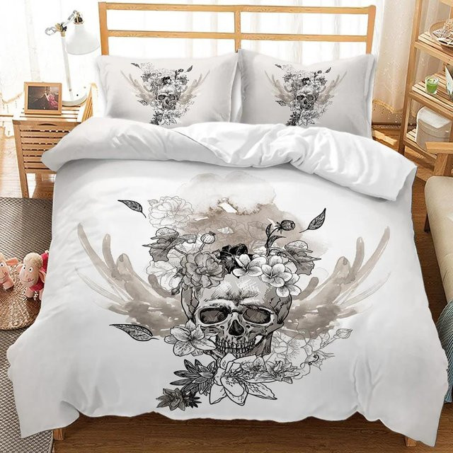 Your Warm Home Totenkopf Bettbezug-Set mit Kissenbezügen aus Polyester in Weiß, Gothic Halloween Design, Breite: 135 cm, Länge: 200 cm - Bild 1
