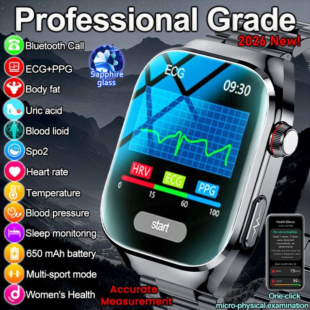 Yaocx KI-Gesundheitsdiagnose Smartwatch in Grau mit EKG, PPG, Blutdruckmessung und Anruffunktion für Männer und Frauen - Bild 1