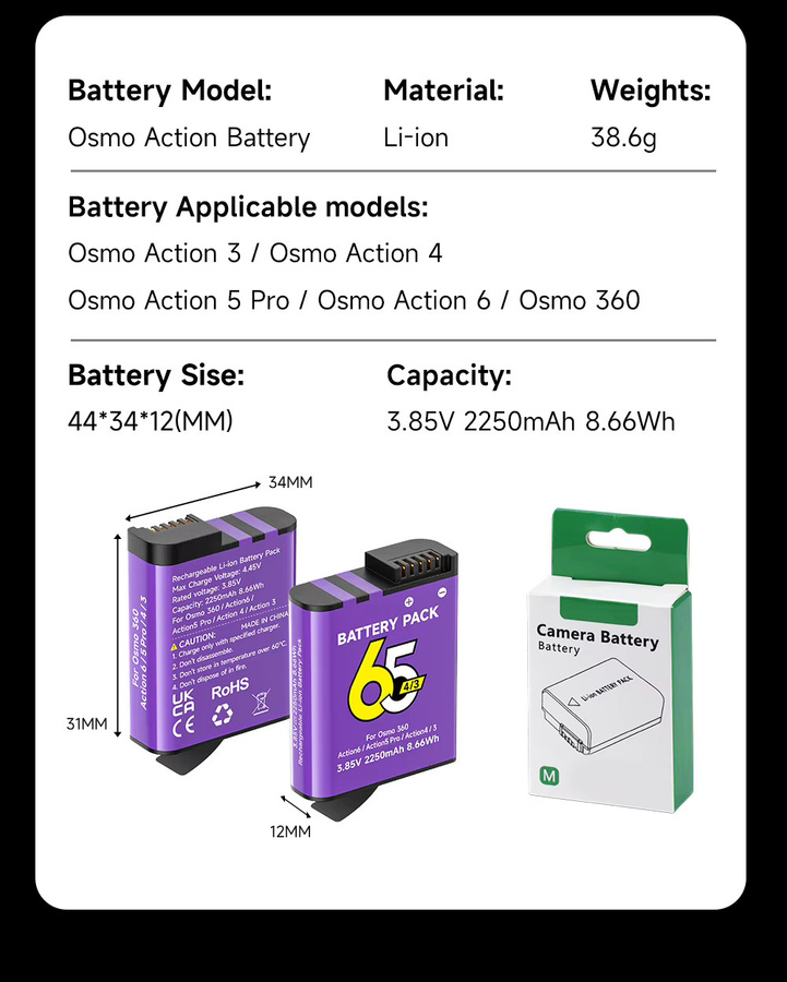 DJI Ersatzakku mit 2250mAh für Osmo Action 6, Action 5 Pro, Action 4 und Action 3 Sportkameras - Bild 4