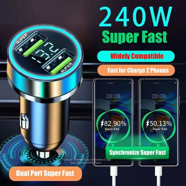 UYUXIO Dual USB Port Autotelefon Ladegerät in Schwarz mit Spannungsanzeige und Superschnellladefunktion für iPhone, Samsung, Oppo, Vivo und Huawei - Bild 1