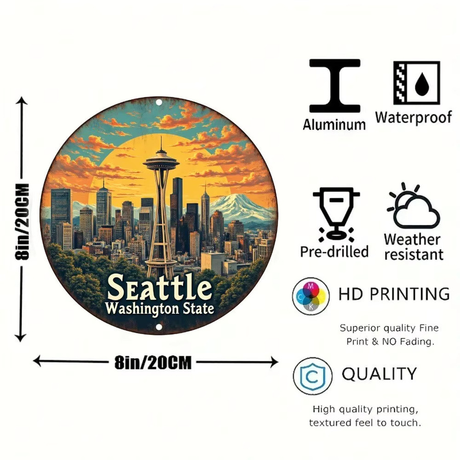 CIFbuy Vintage Seattle Skyline Aluminium-Wandkunst in Multicolour, rundes Metallschild für deine Heim- und Bürodekoration, B/H: 20 x 20 cm - Bild 2