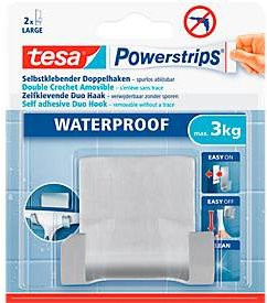 tesa Powerstrips Waterproof Doppelhaken aus Edelstahl in Silber für Feuchträume mit max. 3 kg Tragkraft - Bild 1