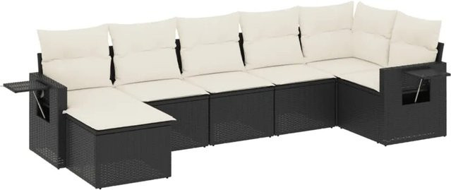 vidaXL 7-teilige Garten-Sofagarnitur in L-Form aus schwarzem Poly-Rattan mit Kissen und pulverbeschichtetem Stahlgestell - Bild 1