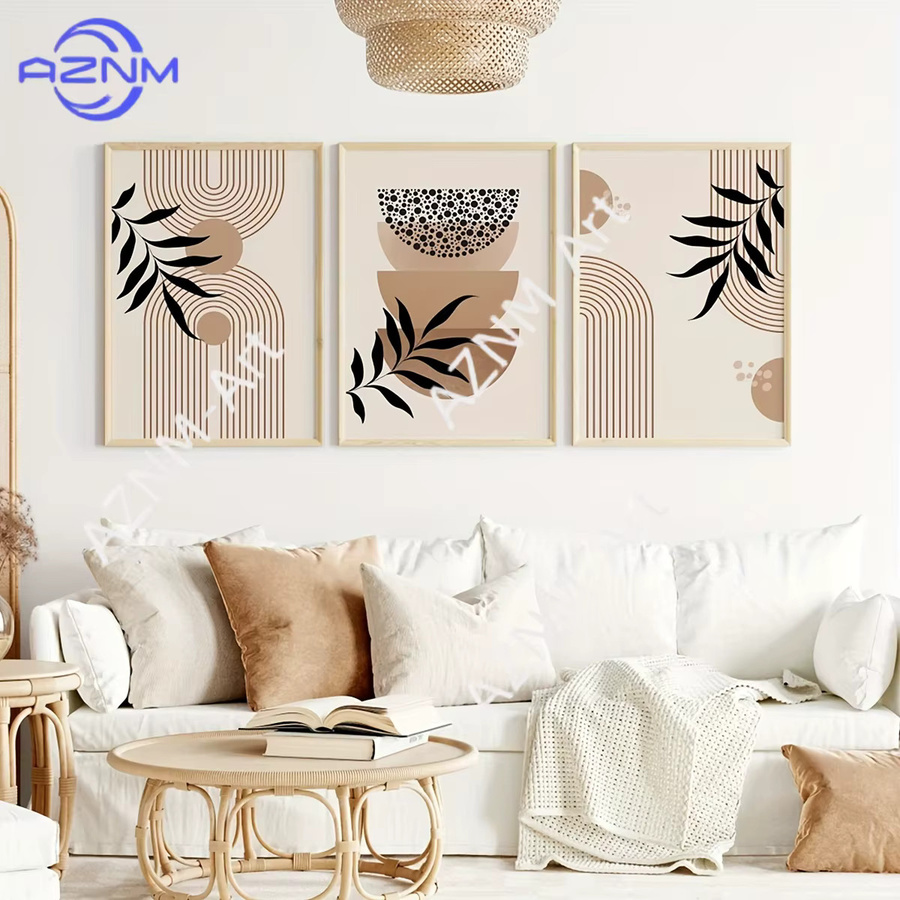 AZNM Leinwand-Wandkunst im Boho-Stil mit abstrakten geometrischen und botanischen Motiven in Beige und Schwarz - Bild 2