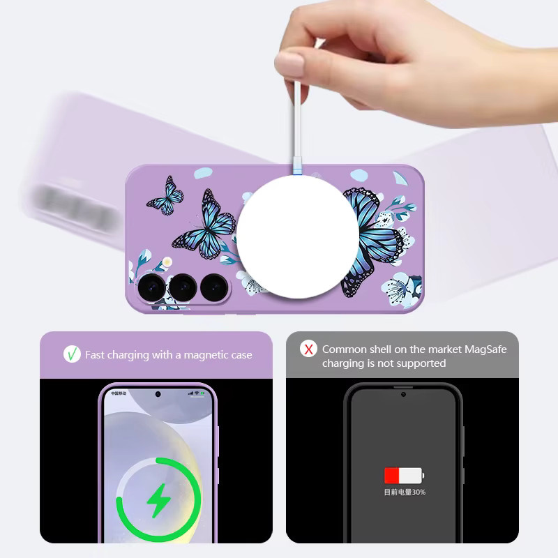 Samsung Handyhülle mit Schmetterlingsmuster und Trageriemen aus weichem TPU für Galaxy S25 S24 S23 S22 Ultra Plus S21 S20 FE, Magnetisch, Schwarz und Lila - Bild 2