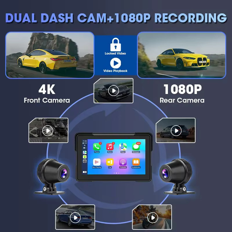 Jansite Motorrad DVR Navigation mit 7 Zoll 4K Display, Wasserdichtes Wireless Android Auto und Apple CarPlay Display in Schwarz - Bild 2
