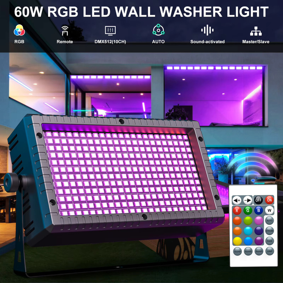 U'King 4er Set LED Wall Wash Licht, 60W 3in1 RGB Strobe Effekt, DMX512 DJ Wash Bar Bühnenbeleuchtung in Schwarz - Bild 2
