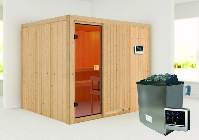 Karibu Sauna Nybro aus nordischer Fichte mit 9 kW Ofen, externem Steuergerät und bronzierter Glastür, B/T/H: 231 x 196 x 198 cm - Bild 1