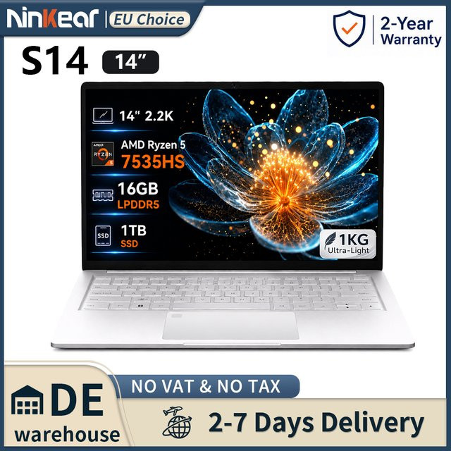Ninkear 14 Zoll Laptop mit AMD Ryzen 5 7535HS, 16GB RAM, 1TB SSD, 2.2K IPS Display, Silber - Bild 1