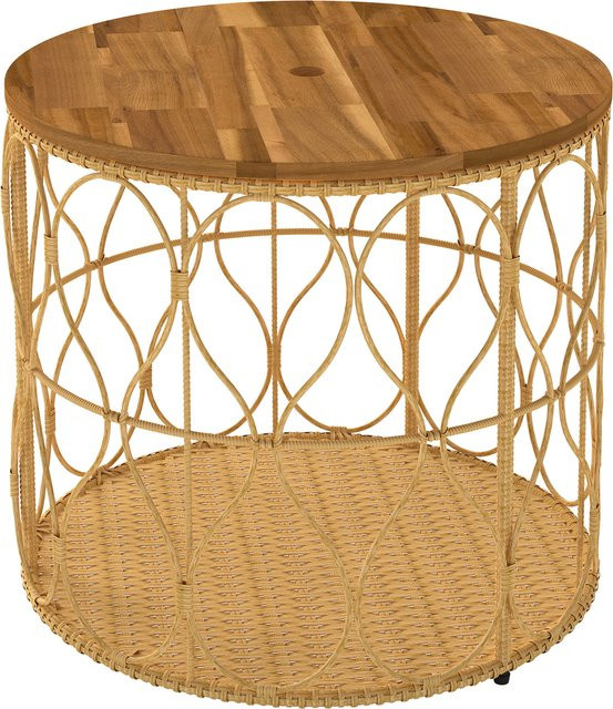 Outsunny Beistelltisch aus Akazienholz und Polyrattan in Braun, runder Gartentisch mit verstellbaren Füßen, Durchmesser: 50 cm, Höhe: 47,5 cm - Bild 1