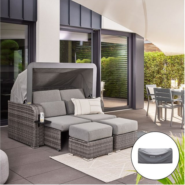 HOME DELUXE Strandkorb HOLBY mit Liegefunktion und Abdeckung aus Polyrattan in Grau - Bild 1
