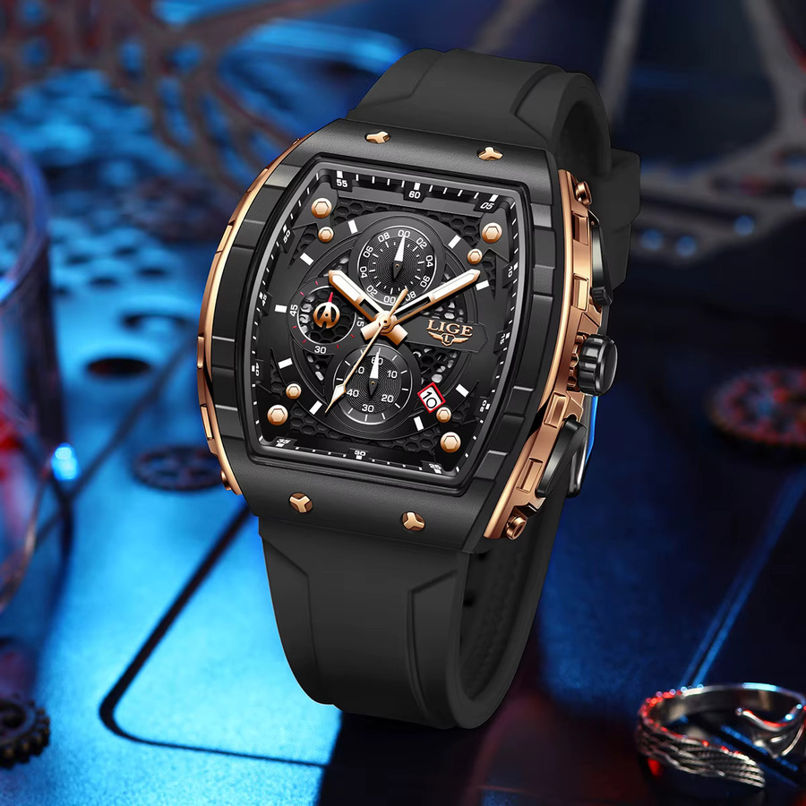 LIGE Chronograph, Quarz, eckig, Schwarz, Kautschuk, Herren - Bild 3