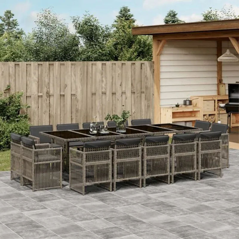 vidaxl 15-teilige Garten-Essgruppe aus Poly-Rattan in Grau mit Kissen und Glastisch - Bild 1