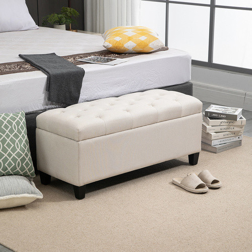 HOMCOM Sitzbank mit Stauraum aus Gummiholz und Polyester in Cremeweiß, B/T/H: 100 x 40 x 44 cm - Bild 3