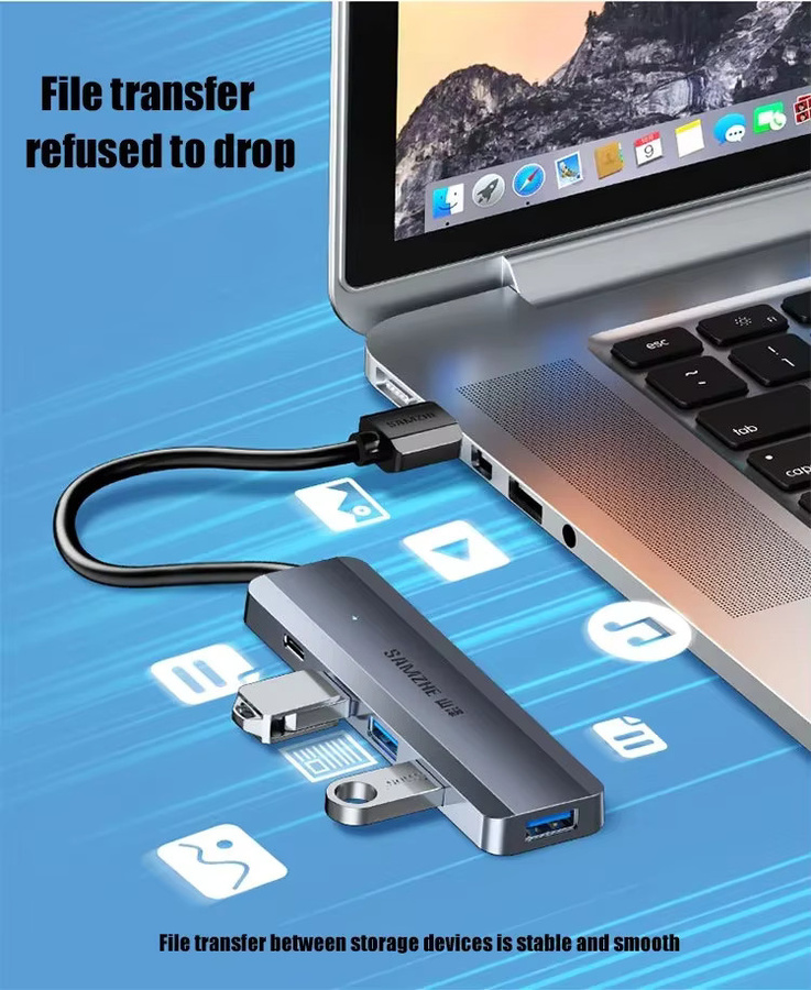 SAMZHE Ultraflacher 4-Port USB 3.0 Hub mit USB-C Anschluss, Hochgeschwindigkeits-USB-Hub Splitter Adapter in Grau für Laptop, PC und Smartphone - Bild 4