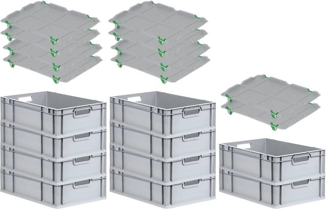 PROREGAL SparSet 10x Eurobox NextGen Grip mit Auflagedeckel und grünen Schiebeschnappverschlüssen, Grau, H x B x T: 17 x 40 x 60 cm, 34 Liter - Bild 1
