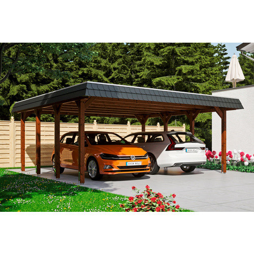 SKANHOLZ Carport Spreewald aus Nadelholz mit Flachdach und Aluminium-Dachplatten, Farbe: Nussbaum/Braun, B/T: 585 x 589 cm, Höhe: 250 cm - Bild 2