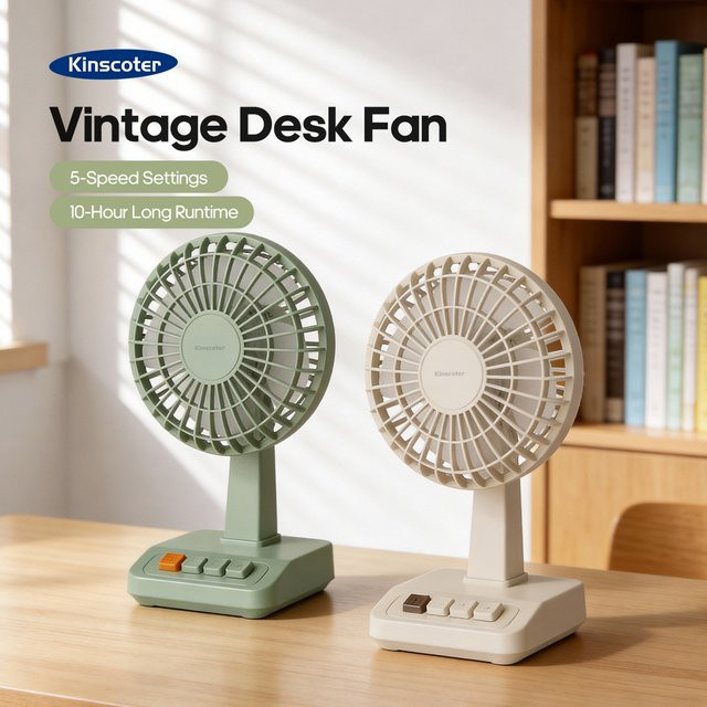 KINSCOTER Vintage Tischventilator Akku-Ventilator mit 5 Geschwindigkeitsstufen und 90 Grad Neigungsverstellung in Pink oder Green - Bild 1