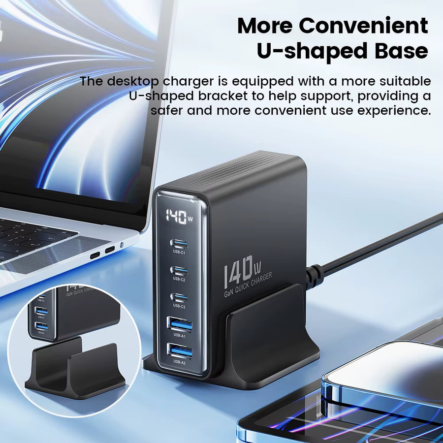 Toocki 140W GaN Desktop Ladestation mit USB-C, Digitalanzeige und Schnellladung PD3.0/QC4.0, Schwarz - Bild 2