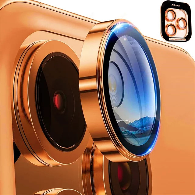 Metall Kamera Objektiv Schutzring mit Glas für Apple iPhone 17 Pro Max 17 Air 16 15 in Gold und Orange - Bild 1