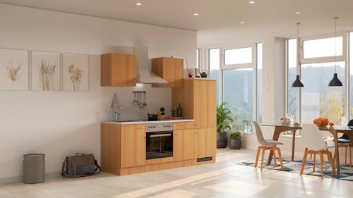 Flex-Well Küchenzeile Nano in Buche Braun mit E-Geräten, Breite: 220 cm, Tiefe: 60 cm, Höhe: 200 cm - Bild 1