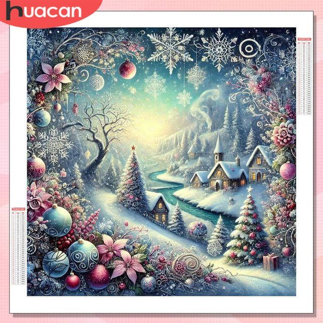 HUACAN 5D Diamantmalerei Rundes Mosaik Wanddekor Winterlandschaft mit Haus und Bäumen in Multicolor - Bild 1