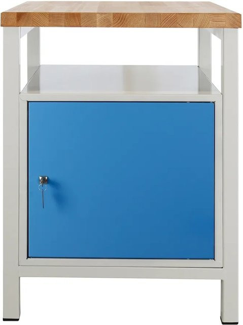 PROREGAL Werkbank Slim Rhino mit Ablagefläche und 1 Tür aus Stahl und Buche, H x B x T: 84 x 60 x 60 cm, Lichtgrau und Lichtblau - Bild 1
