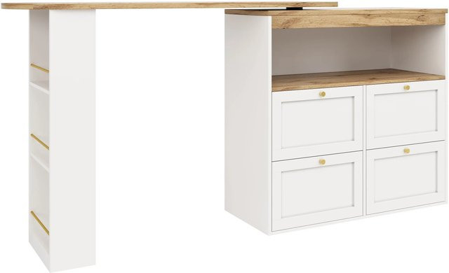 Merax 360° Drehbarer Stehtisch mit 4 Schubladen und offenen Ablagen in Weiß, H: 102 cm, B: 105 cm, T: 39 cm - Bild 1