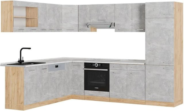 Vicco R-Line Eckküche Beton Goldkraft Eiche in Grau Weiß mit Marmor-Optik B/T/H: 227 x 287 x 207 cm - Bild 1